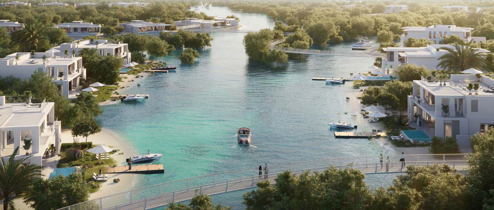Aerial view of the waterfront villa community on Ramhan Island, Abu Dhabi, showcasing natural surroundings and luxury living.
