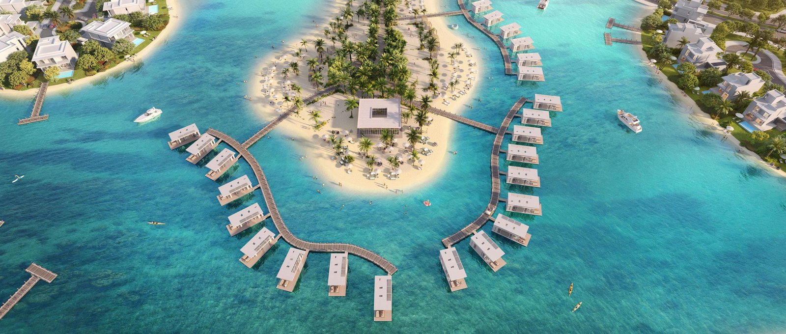 Sunset over Ramhan Island_s upscale community, highlighting the peaceful atmosphere and premium villa layout.